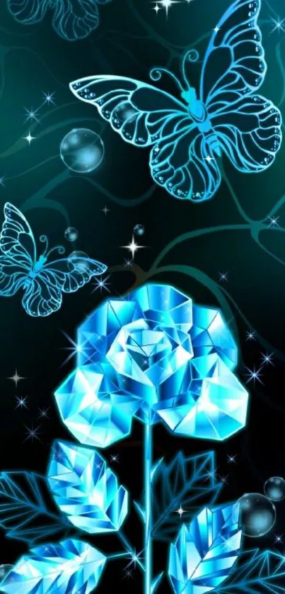 Blue geometric butterflies and rose wallpaper with dark background.