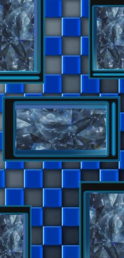 Blue geometric wallpaper with crystal-like patterns and metallic textures.