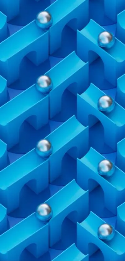 Blue geometric pattern with metallic spheres wallpaper.