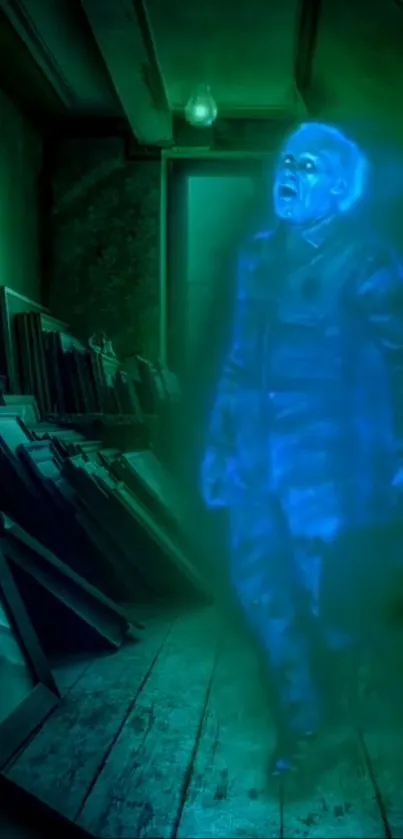 Ghostly figure with blue aura in a dark, mysterious hallway.