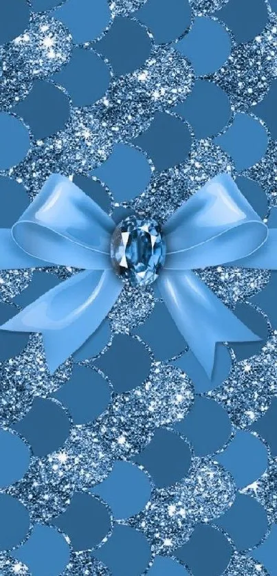 Blue glitter wallpaper with bow and gem on background.