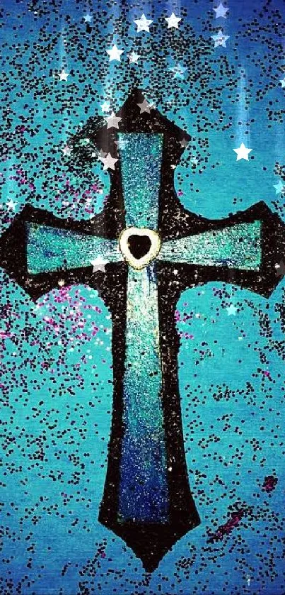 Blue cross design with glitter accents on a mobile wallpaper.