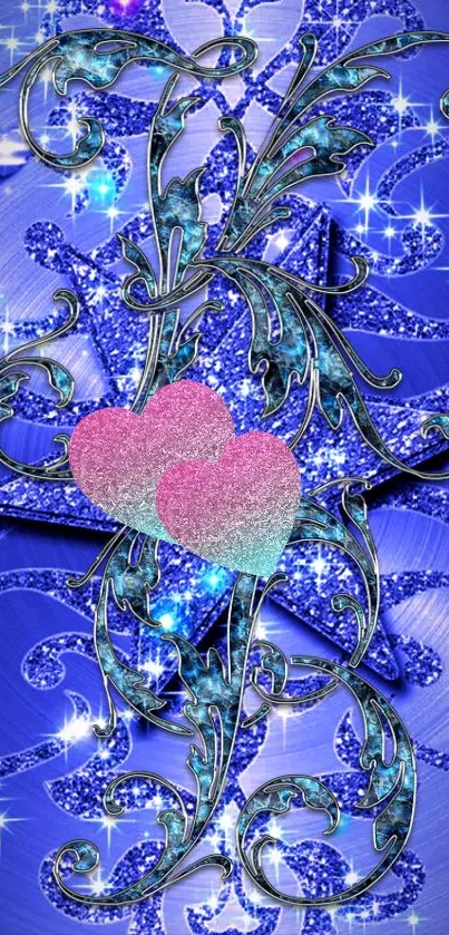 Blue wallpaper with glittering hearts and floral design.