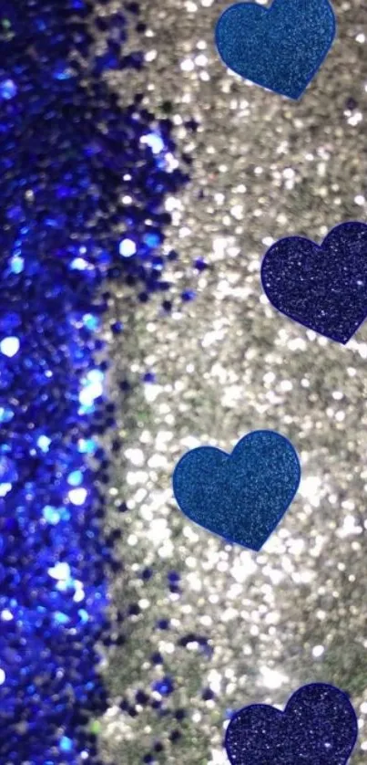 Blue glitter background with heart shapes on a mobile wallpaper.