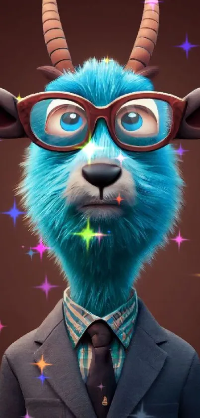 Cartoon goat with blue fur, in glasses and suit, against a brown background.