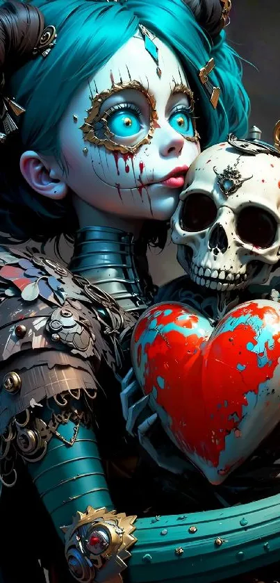 Gothic fantasy art with blue-haired character hugging skeleton heart.