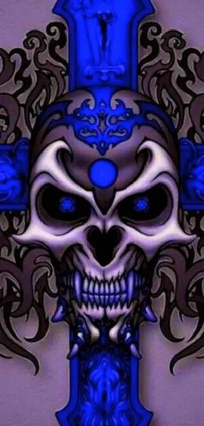 Gothic art wallpaper featuring a blue skull with intricate patterns.