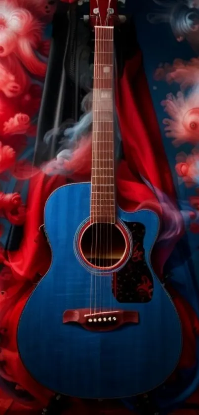 Blue guitar with vibrant red swirls wallpaper.