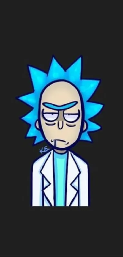 Cartoon character with spiky blue hair on a black background.