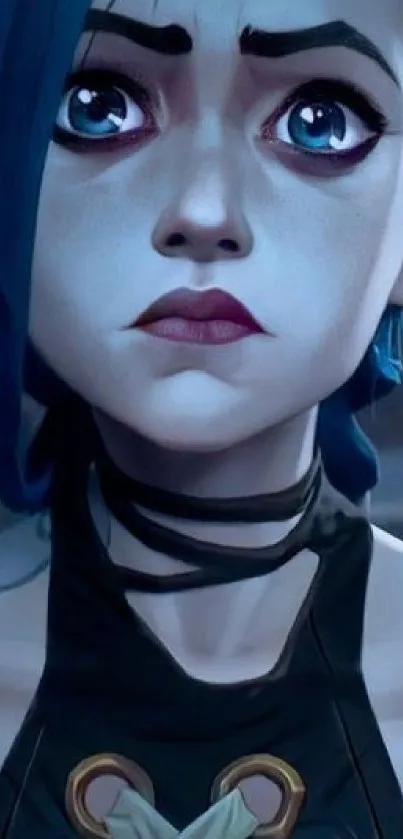 Blue-haired animated character with expressive eyes and detailed features.