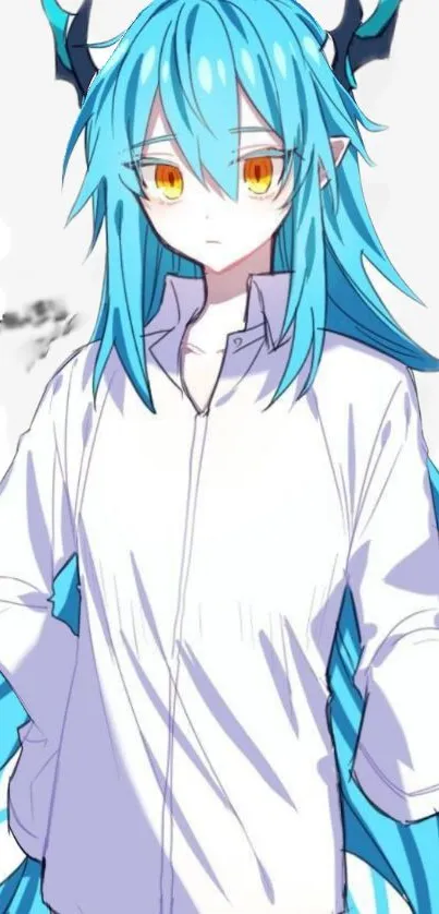 Anime character with blue hair and yellow eyes in white shirt.