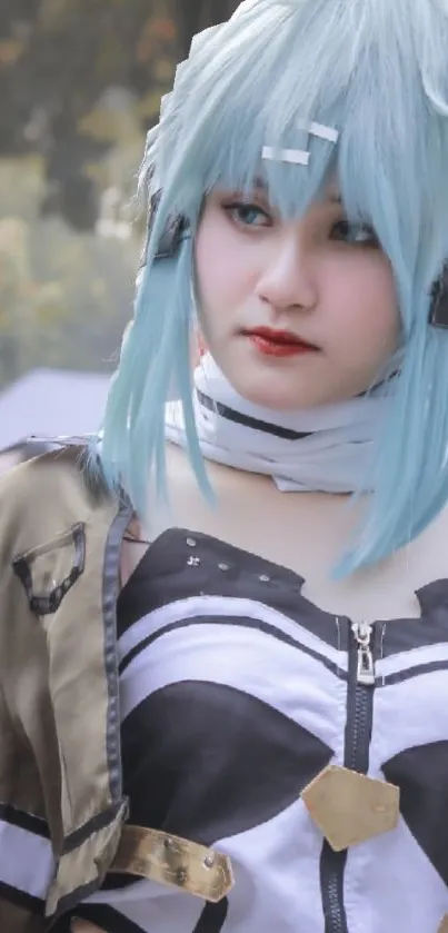Anime character in a detailed costume with light blue hair, vibrant cosplay art.