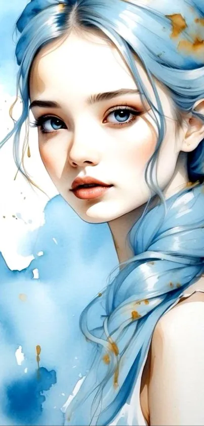 Anime girl with blue hair and watercolor background.