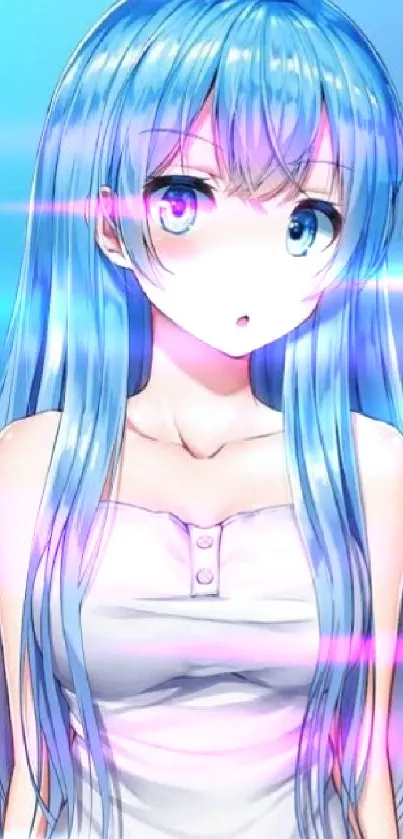 Anime girl with long blue hair and expressive eyes.