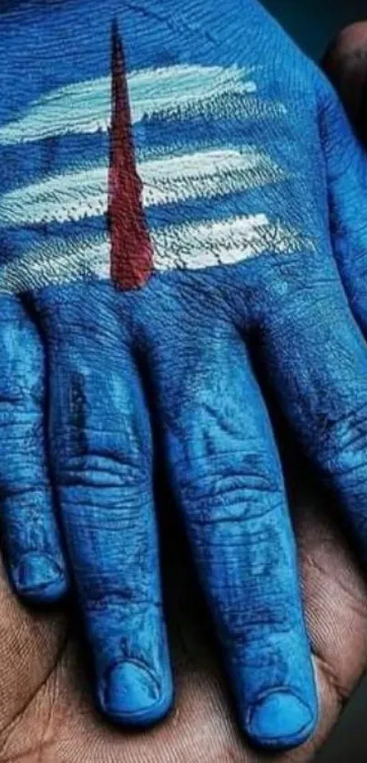 Striking blue hand-painted design on a hand for mobile wallpaper.