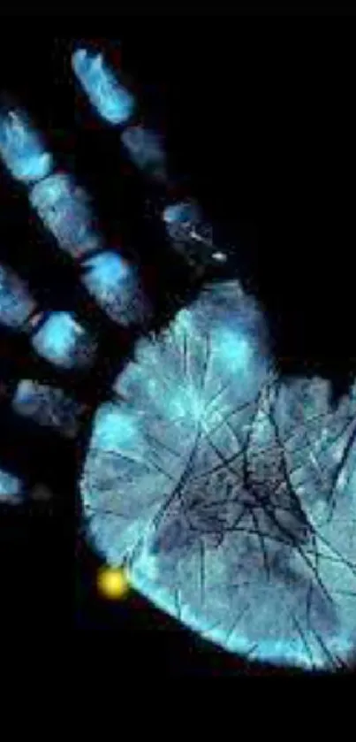 Luminescent blue handprint on black background wallpaper.