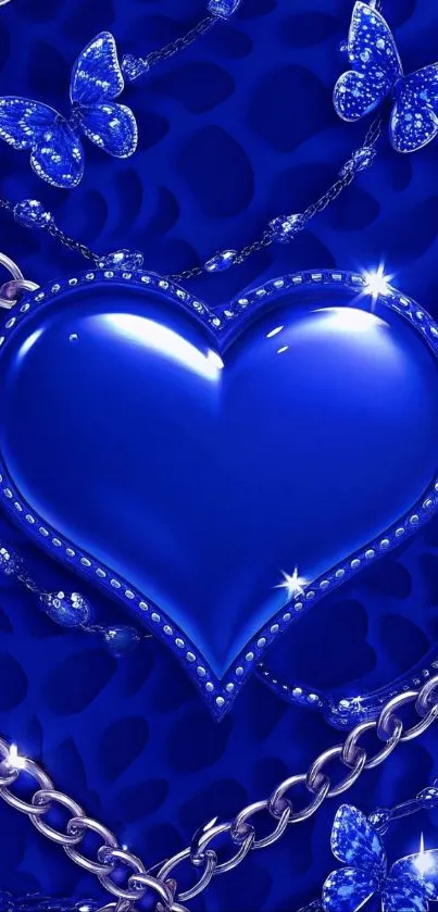 Blue heart with sparkling chains and butterflies.