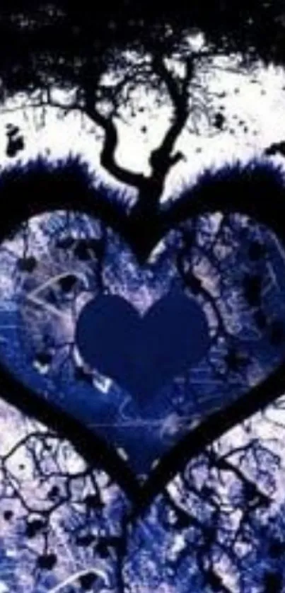 Abstract blue heart with black tree design wallpaper.