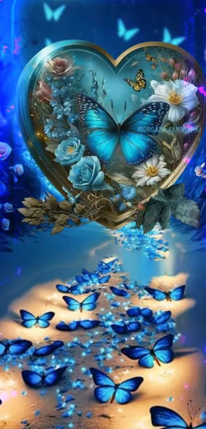 Blue heart and butterflies with floral accents in a glowing background.