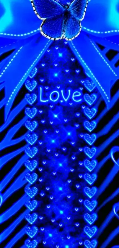 Blue wallpaper with butterfly and hearts.