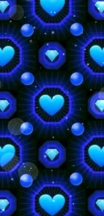 Blue hearts and diamonds pattern wallpaper with dark background.