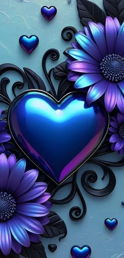 Blue heart with vibrant floral accents on a mobile wallpaper.