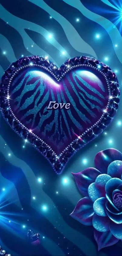Blue heart and flower mobile wallpaper with sparkling effects.
