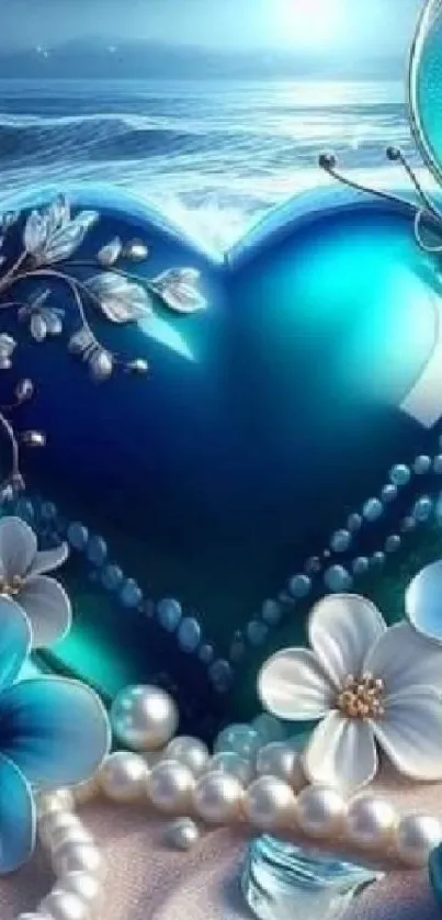 Blue heart with ocean and flowers wallpaper in fantasy style.