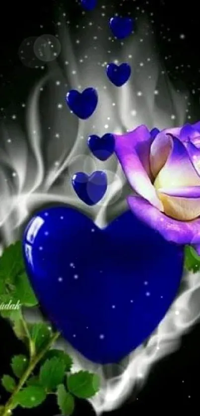 Blue heart and purple rose on dark background wallpaper.