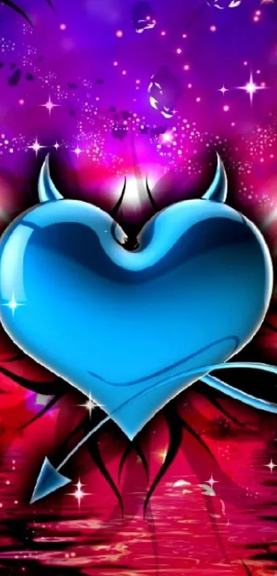 Blue heart with cosmic pink background.