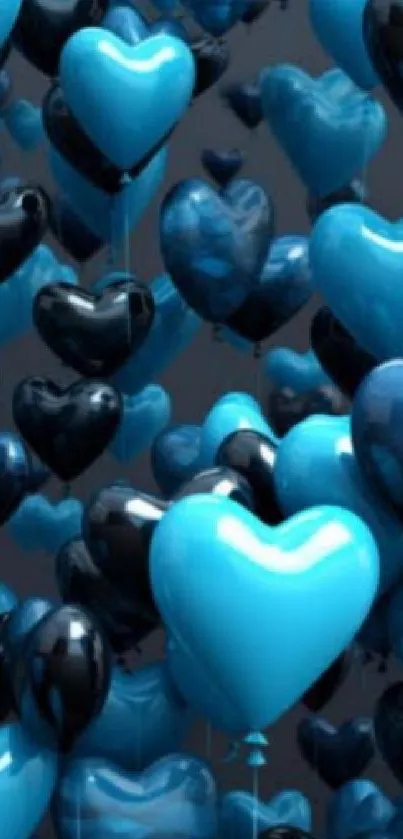 Floating blue and black heart-shaped balloons on wallpaper.