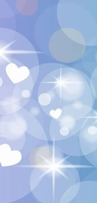 Blue wallpaper with bokeh hearts and stars for mobile screens.