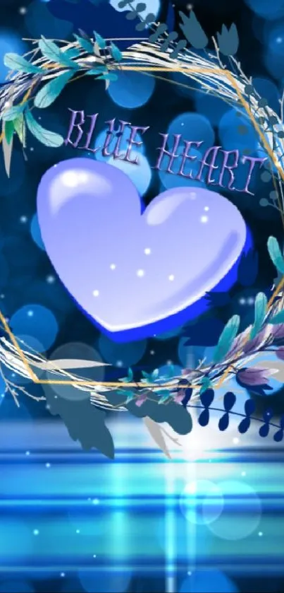 Blue heart bokeh wallpaper with glowing wreath and lights.