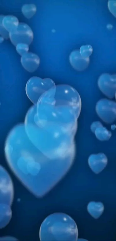 Blue heart-shaped bubbles on a deep blue background wallpaper.