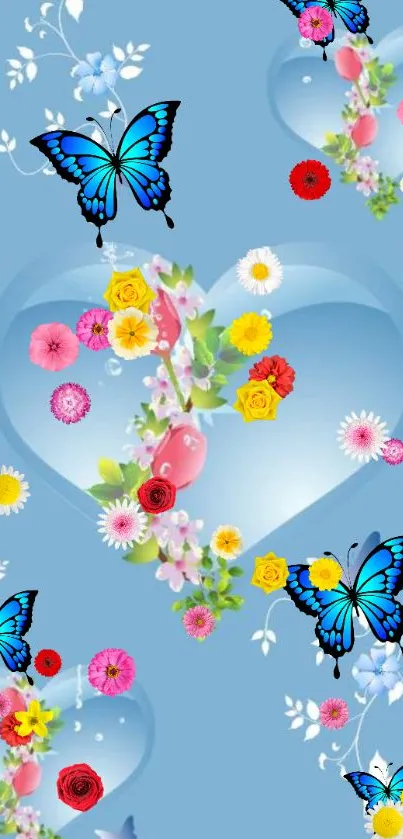 Vibrant wallpaper with blue hearts, butterflies, and colorful flowers.