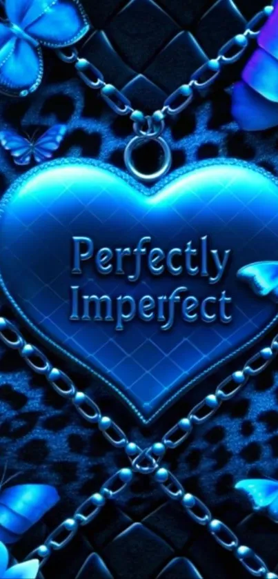 Blue metallic heart with butterflies and chains in a vibrant wallpaper