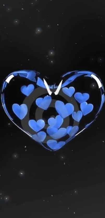 Glass heart with blue hearts on starry black background.