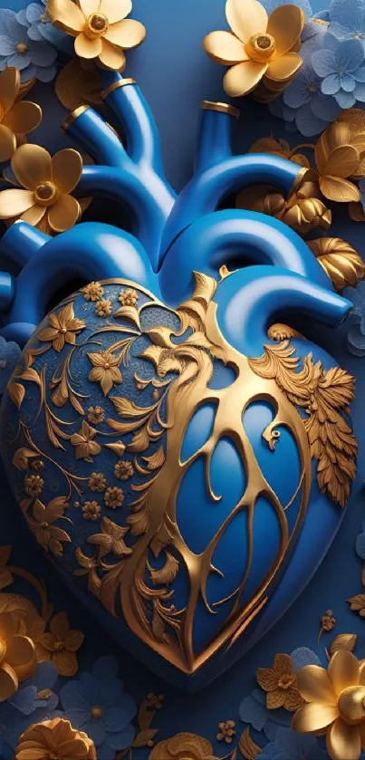 Blue heart with golden floral design on mobile wallpaper.