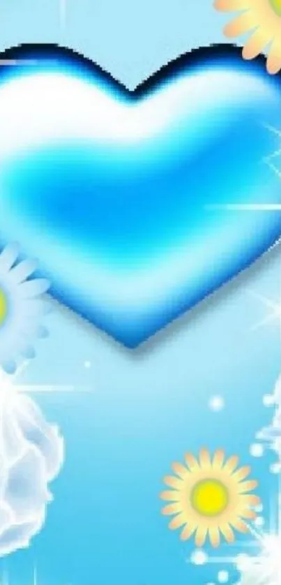 Blue heart with flowers and sparkling stars on a sky blue background.