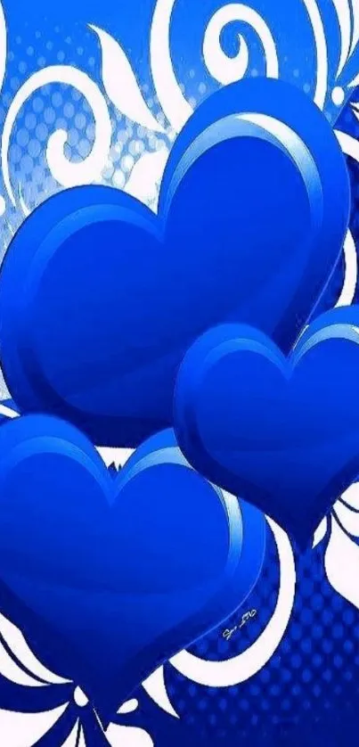 Blue hearts with floral accents wallpaper for mobile phones.