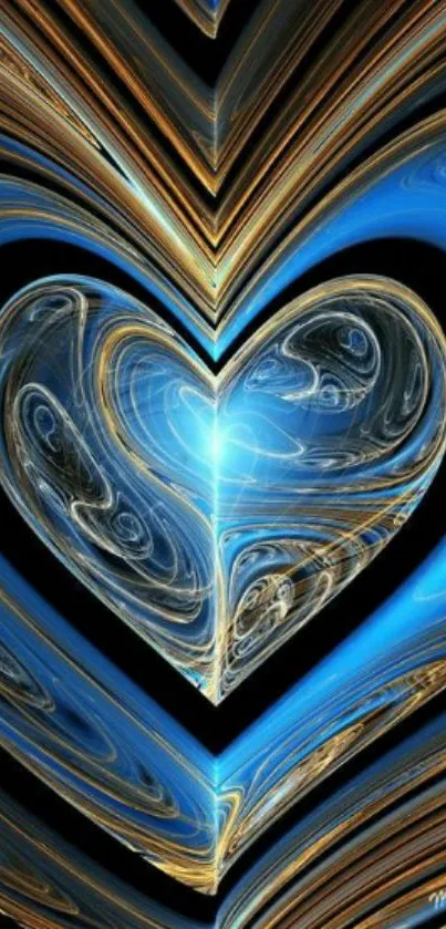 Blue heart fractal design on mobile wallpaper with swirling patterns.