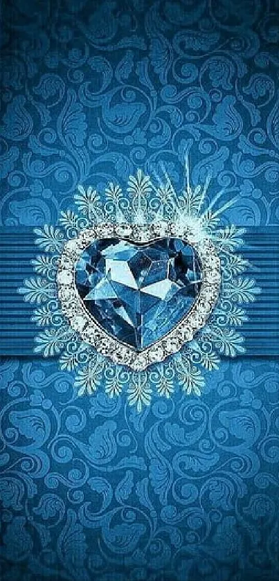 Intricate blue heart gem wallpaper with floral patterns and sparkling details.