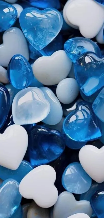 Blue and white heart-shaped gemstones create a soothing wallpaper.