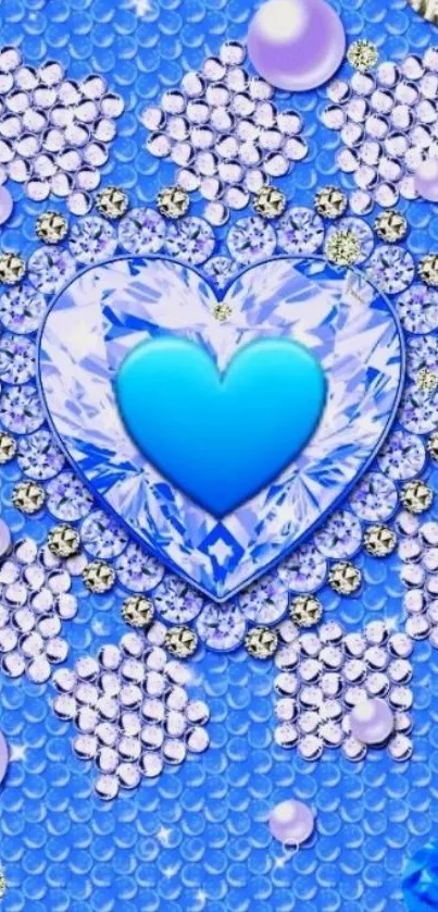 Luxurious blue heart gemstone wallpaper with diamonds and pearls.