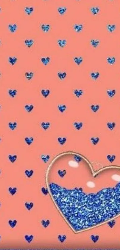 Blue glitter hearts on a peach background mobile wallpaper.