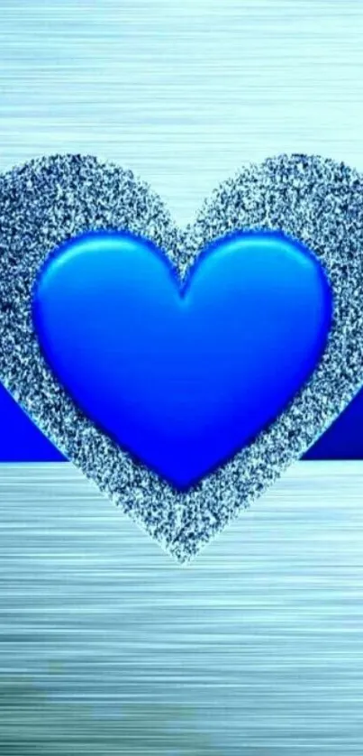 Vibrant blue heart with glitter accents against a striped background.