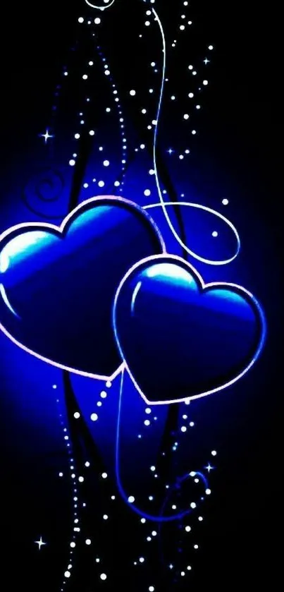 Glowing blue hearts on dark background wallpaper.