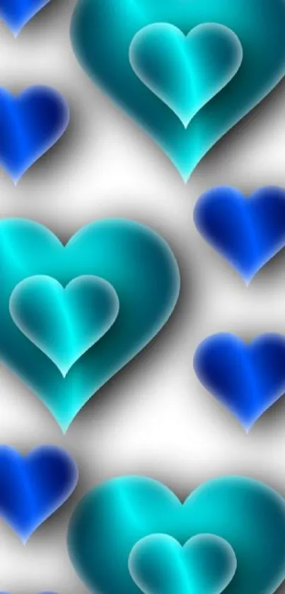 Teal and blue gradient hearts on white background wallpaper.