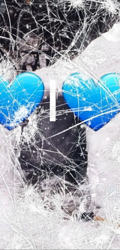 Blue heart emojis on icy background, perfect for mobile wallpaper.