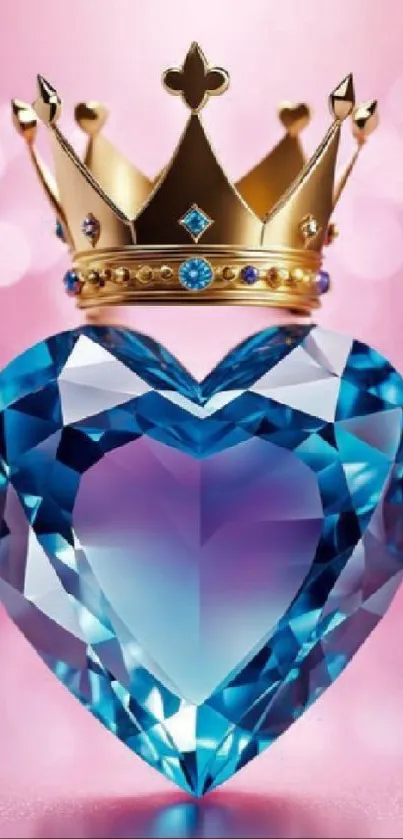 Blue heart jewel with a golden crown on a pink background.